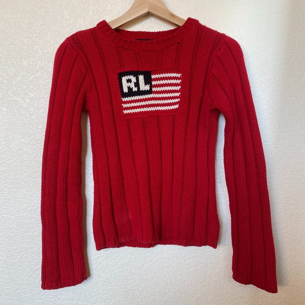 Vintage 90s Ralph Lauren American Flag Red Knit Sweater